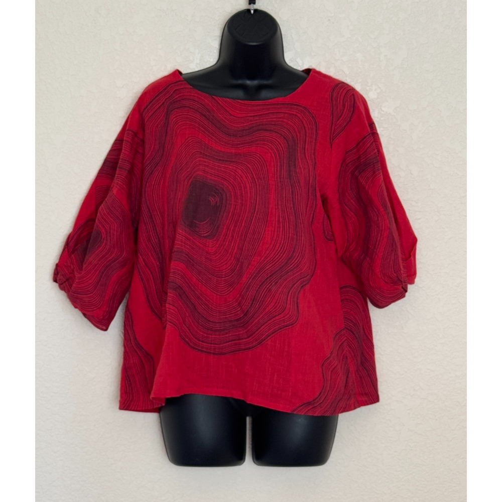 Mona Lisa India Tunic Blouse Red Oversized Cotton Lagenlook Minimalist Casual, M